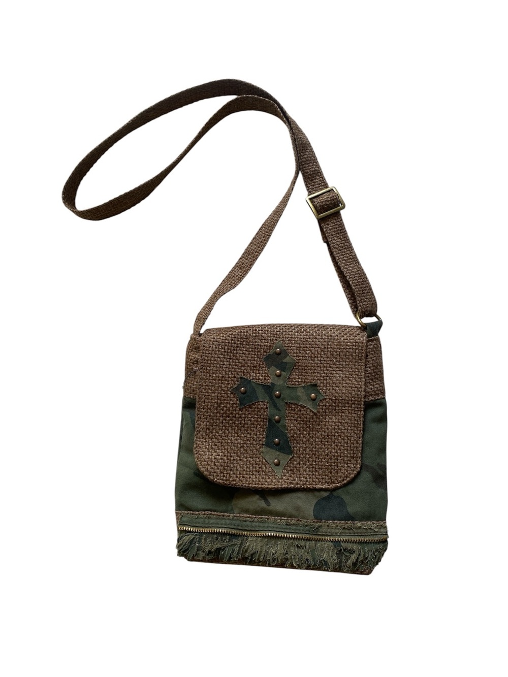 Upcycled Camouflage / Burlap Crossbody Bag with Cross, Zipper and Fringe Accent